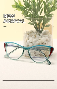Detail of blue cat eye glasses frame showing modern design and 5708 52-15-142 temple size