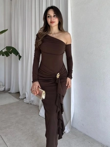 Elegant dark brown one-shoulder long sleeve maxi dress with gold metal buckle detail