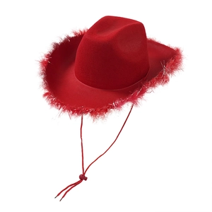 Classic red cowboy hat with feather trim and adjustable drawstring on white background