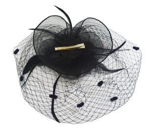 Detail shot of black mesh feather fascinator with a golden alligator clip on white background