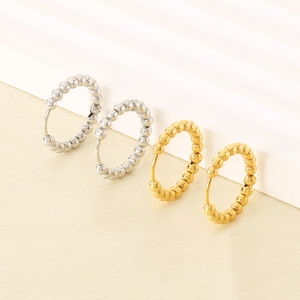 Classic 18K gold and silver stainless steel beaded hoop earrings for women shown from front