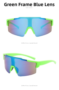 Close-up of sporty oversized neon green sunglasses with blue mirrored cycling lenses