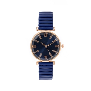 Women's quartz watch with blue sunray rhinestone dial and elastic rose gold bracelet