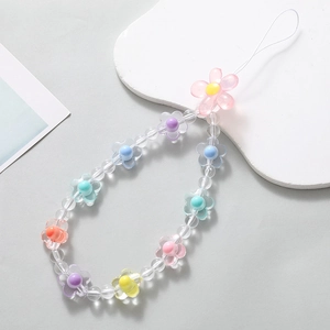 Colorful acrylic flower beaded phone strap for wrist, handmade anti-lost lanyard charm