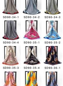 Grid display showing various vintage floral and nautical patterns on satin silk scarves