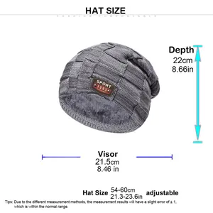 Size guide for men's winter beanie showing dimensions, knit texture, and plush lining