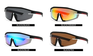 Grid display of oversized sports sunglasses in black, orange, blue and brown color options