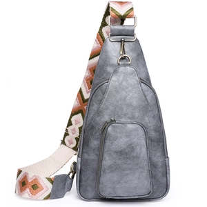 Gray vintage PU crossbody chest bag with colorful ethnic woven geometric shoulder strap