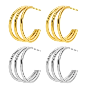 Triple-layer C-shaped hollow tube hoop earrings in polished gold and silver finish