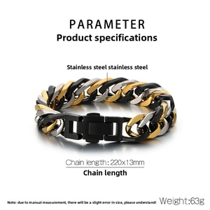 Detail view of 13mm tricolor stainless steel Cuban link bracelet with size 220mm