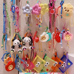 Porte-clés En Corde Tissée Bijou De Sac Dragonne Téléphone Nylon Mesh Mini Sac Crochet Fleur Panda Pendentif Femmes Filles