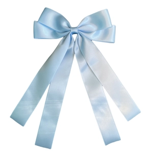 Elegant light blue satin double layer bow hair clip with long ribbons on white background