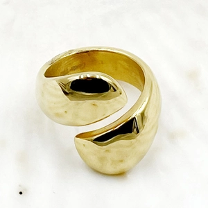 Golden stainless steel wrap ring with hand-hammered texture and open adjustable design