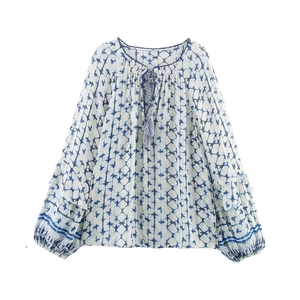 Camicetta da Donna Bohémien con Stampa Floreale Maniche a Lanterna Girocollo con Lacci Nappine Lurex a Righe Oro Top Sciolto