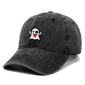 Detail of cute ghost embroidery on a washed dark gray denim baseball cap for Halloween