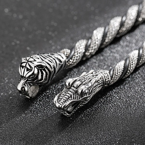 Men's punk tiger head and dragon head braided leather cord bracelet in stainless steel