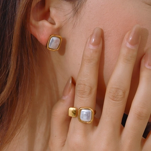 Elegant 18K gold plated square earrings and open ring set with pearl accents
