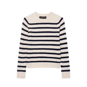 Women Striped Knit Sweater Round Neck Long Sleeve Pullover Elegant Casual Short Top Ribbed Cuff Soft Knitwear