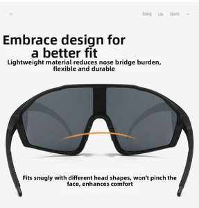 Macro detail of black wrap-around cycling sunglasses with matte lightweight frame