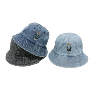 Washed Denim Bucket Hat Bear Embroidery Vintage Cotton Sun Hat For Women Men Casual Outdoor Round Top Soft