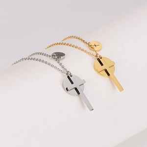 Minimalist stainless steel necklaces with cross and disc pendants in gold and silver