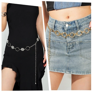 Women Metal Waist Chain Belt Minimalist Geometric Circles Hollow Floral Decorative Dress Accessory Punk Body Chain Jewelry