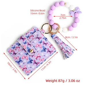 Purple butterfly print PU leather card holder with silicone bead wristlet and tassel