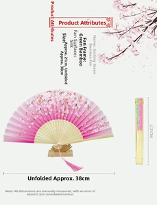 Detail of pink cherry blossom silk fan with bamboo ribs and elegant tassel on stand