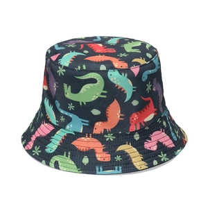 Unisex navy blue bucket hat featuring colorful cartoon dinosaur and floral prints