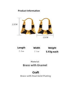 Detail showing trapezoid black enamel earrings with hammered gold-plated brass texture