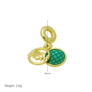 Detail of gold mom heart charm and green enamel round pendant with size and weight specs