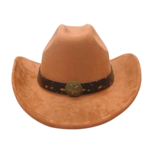 Détail d'un chapeau de cowboy en daim camel avec bandeau en cuir et badge étoile rétro