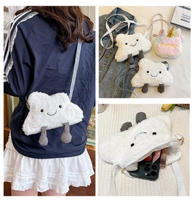 Detail collage of white cloud plush crossbody bag with smiling face and gray legs