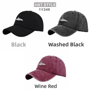 Three embroidered shark baseball caps in black, washed black and wine red color variants