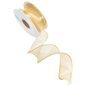 Champagne gold organza ribbon with gold metallic edges on white spool for gift wrapping