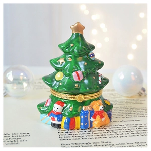 Exquisite green enamel Christmas tree jewelry box with colorful festive hand-painted details