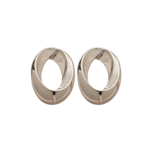 Minimalist silver oval twist hoop earrings with high-polish metallic spiral design
