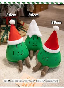Three plush green Christmas tree toys with hats and thin legs in 30cm festive home setting