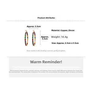 Detail specifications of colorful zircon hoop earrings showing 5.5cm diameter and 14.4g weight