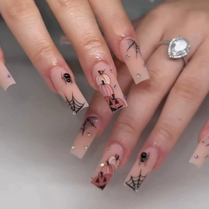 Halloween Unghie Finte A Pressione Lunghe Coffin Opache Nude Artificiali Zucca Ragnatela Strass Rimovibili Per Donne