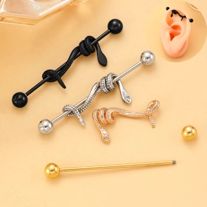 Vintage snake wrap industrial barbell piercings in black, silver and gold finishes