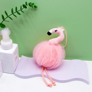 Pink flamingo mesh bath sponge shower loofah with cute plush bird head and hanging loop