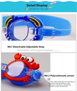 Close-up of adjustable strap and PC lenses on cartoon crab kids swimming goggles