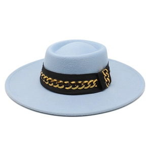 Elegant Woolen Fedora Hat Wide Brim Gold Metal Chain Black Ribbon Flat Top Classic Solid Color Party Wedding For Women Men