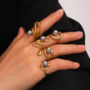 Irregular Line Stainless Steel Rings Spiral Geometric Metal Ball Contrast Color Open Adjustable Jewelry For Women