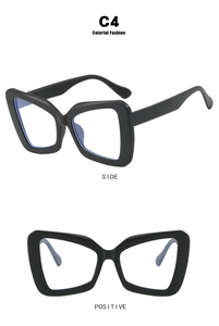Detail view of black butterfly oversized frames with anti-blue light coating from two angles