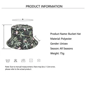 Unisex tropical print bucket hat size chart with dimensions and material details