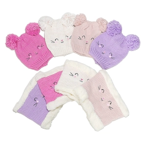 Kids Girls Winter Warm Knit Hat And Neck Warmer Double Pom Pom Cat Embroidery Faux Fur Lining Soft Cozy Outdoor