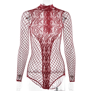 Sexy red long sleeve mesh bodysuit with lace patterns and rhinestone hollow out design