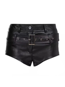 Damen PU Leder Hot Pants Mit Gürtel Metall Schnalle Nachtclub Party Y2K Punk Sexy Slim Fit Shorts Schwarz